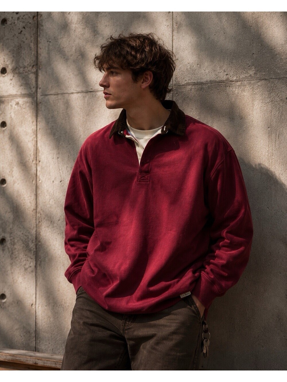 L.L.Bean Rugby Sweatshirt Corduroy Collar Burgundy Pullover XXL Tall Heavyweight